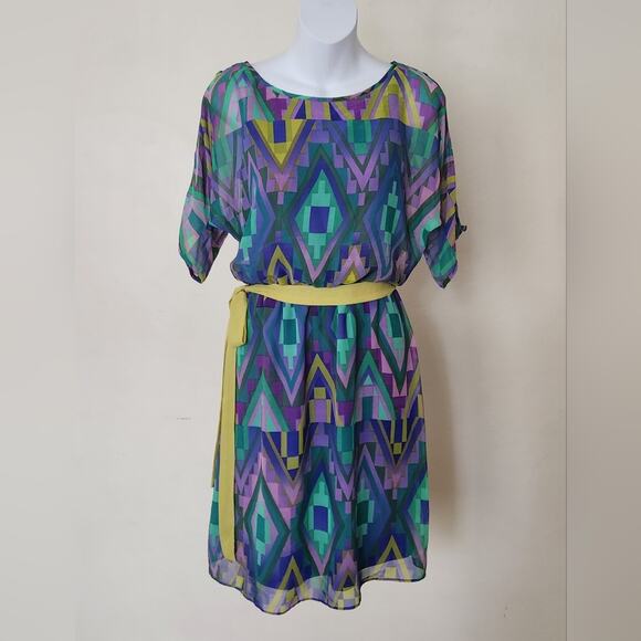 ADRIANNA PAPELL Green Yellow Purple  Geometric Print Cold Shoulder Sleeve Dress - Picture 11 of 11